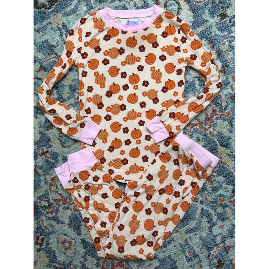 Poppy Kids Pajama Set Girls 5/6T Cream Pumpkin Floral Bamboo Viscose GUC0