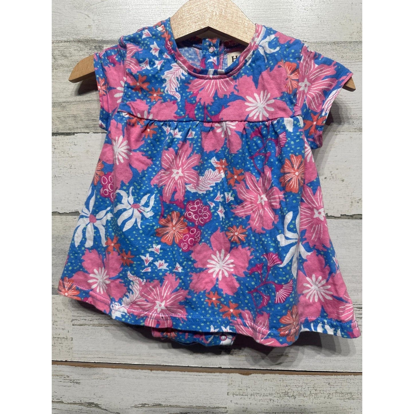 Hatley Floral Dress Girls 3-6M Blue Pink Short Sleeve Cotton EUC0