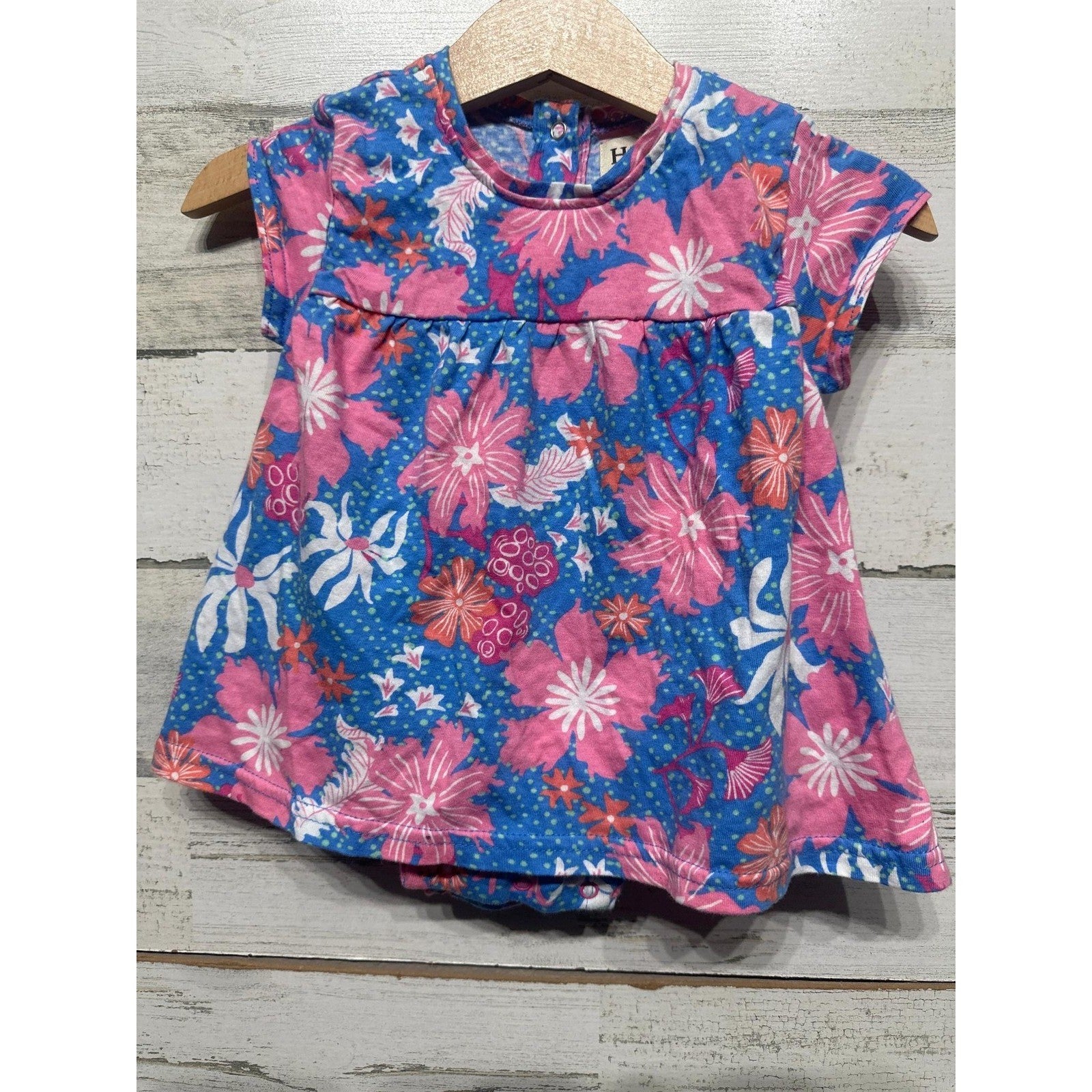 Hatley Floral Dress Girls 3-6M Blue Pink Short Sleeve Cotton EUC0