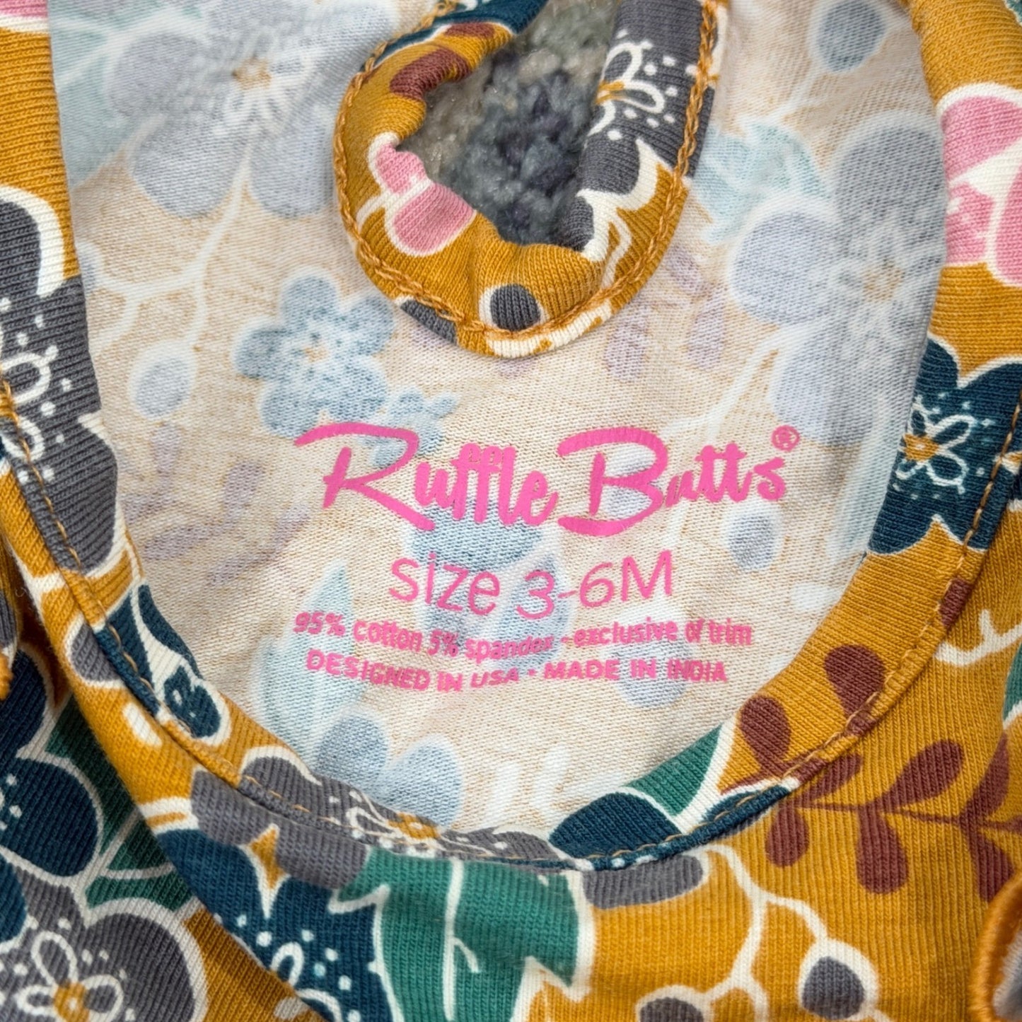 RuffleButts Dress Girls 3-6M Mustard Yellow Floral Ruffle Boho EUC2