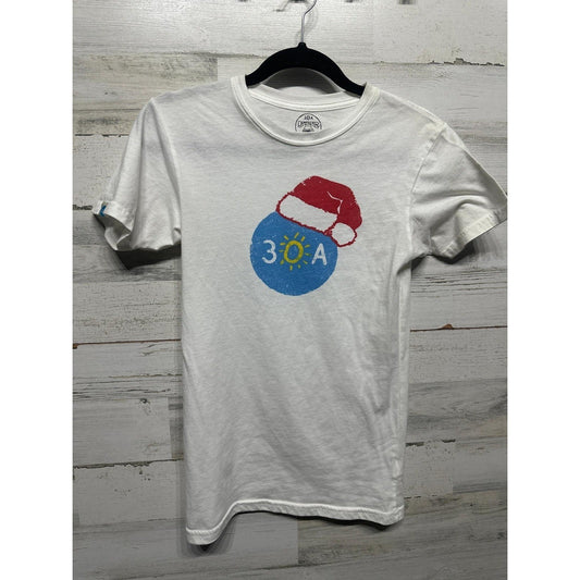 30A Holiday Tee Women XS White Santa Hat Graphic Coastal Beach Christmas EUC0