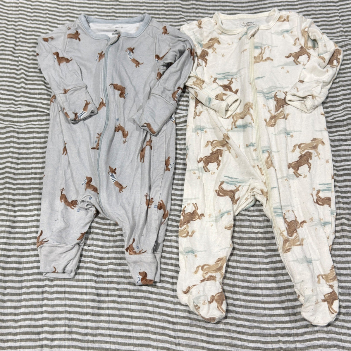 Modern Moments Sleepers Baby 0-3M Blue Cream Dog Horse Western Soft0