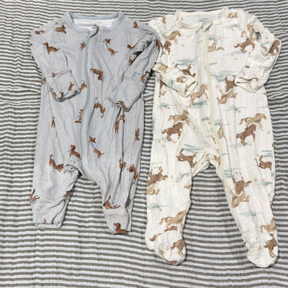 Modern Moments Sleepers Baby 0-3M Blue Cream Dog Horse Western Soft0