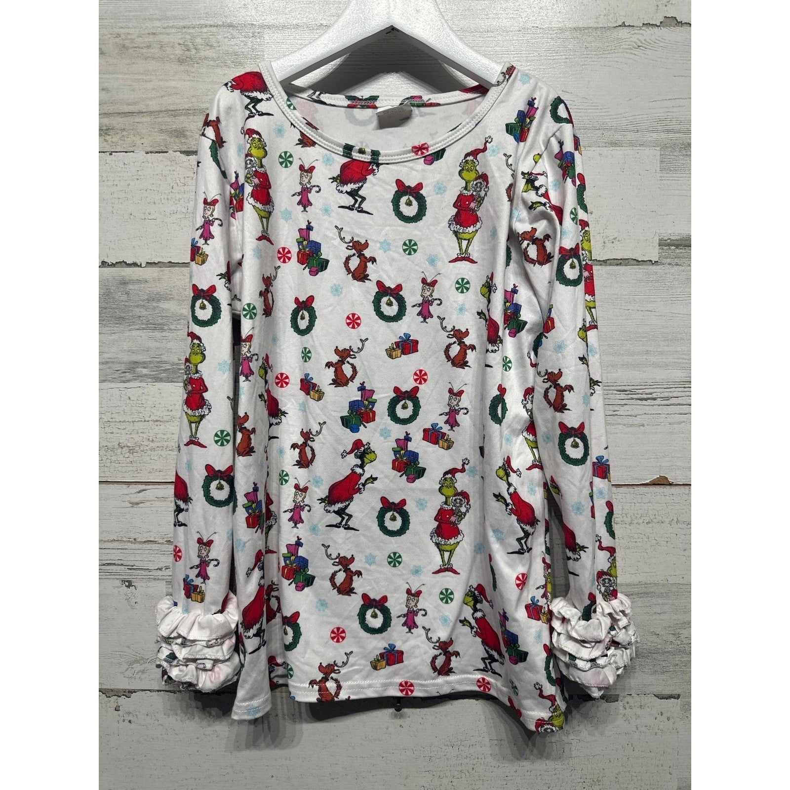 Boutique Grinch Long Sleeve Top Girls 10/12 White Christmas Ruffle EUC0