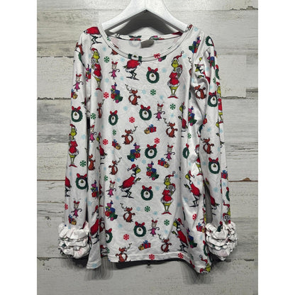 Boutique Grinch Long Sleeve Top Girls 10/12 White Christmas Ruffle EUC0