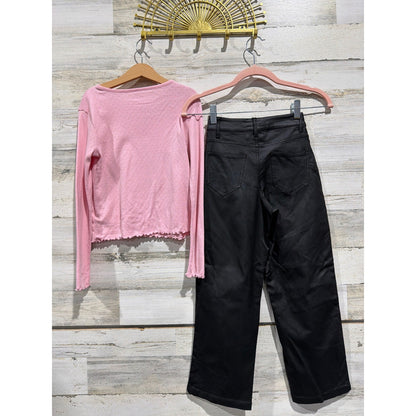 Crewcuts GB Outfit Set Girls 8 Pink Pointelle Top Black Faux Leather Pants EUC5