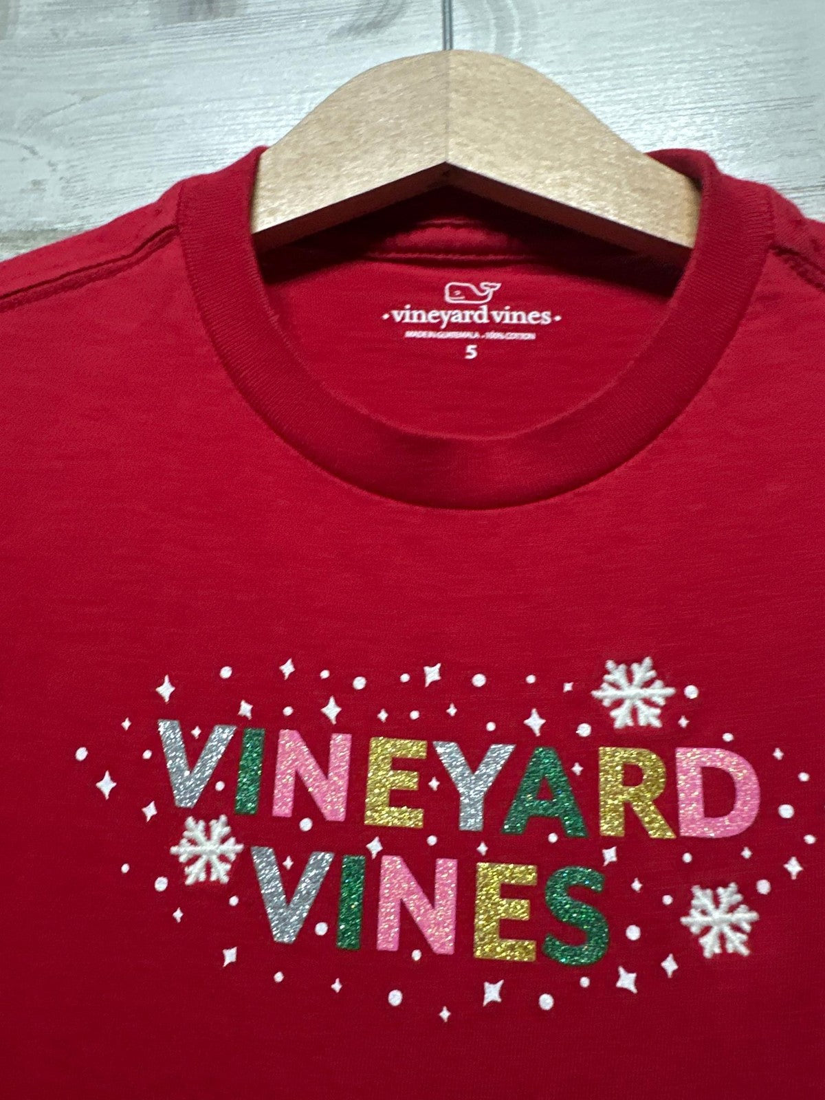Vineyard Vines Long Sleeve Shirt Girls 5 Red Glitter Holiday Snowflake EUC1