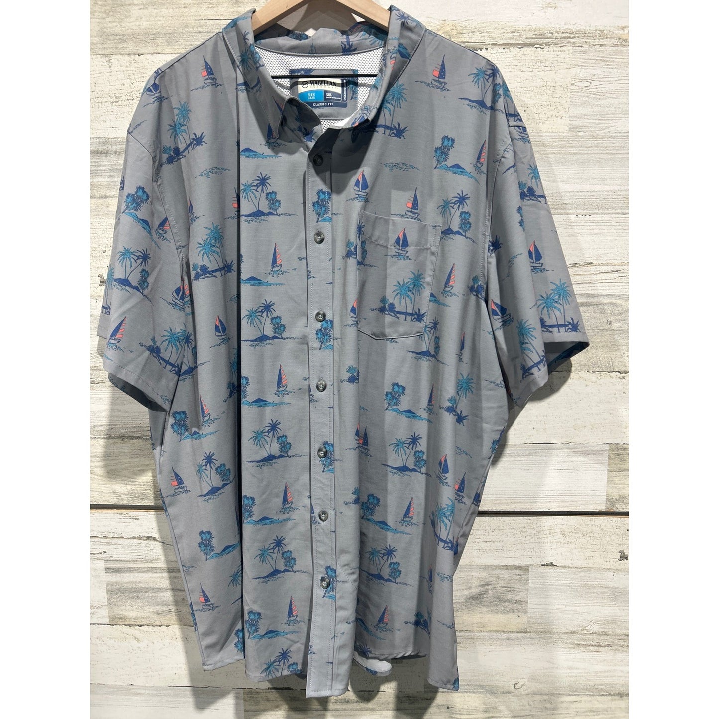 Magellan Button Down Shirt Men 3XL Gray Tropical Sailboat Fishing Gorpcore EUC0