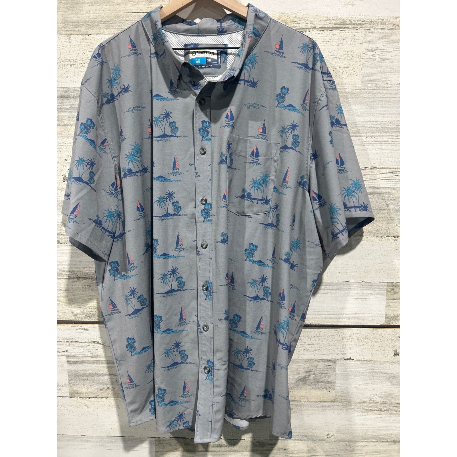 Magellan Button Down Shirt Men 3XL Gray Tropical Sailboat Fishing Gorpcore EUC0