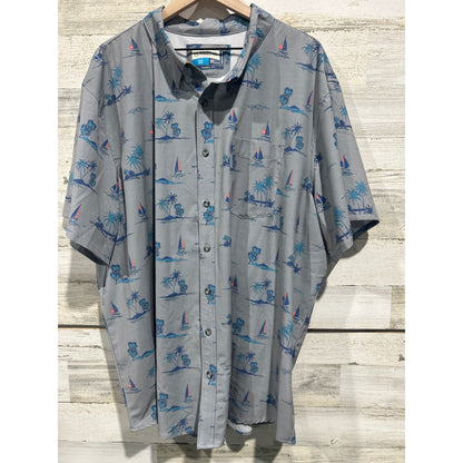 Magellan Button Down Shirt Men 3XL Gray Tropical Sailboat Fishing Gorpcore EUC0