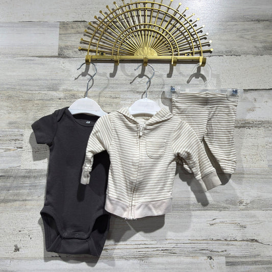 H&M Gerber Bodysuit Hoodie Pants Set Preemie NB Gray Tan Striped Organic Cotton0