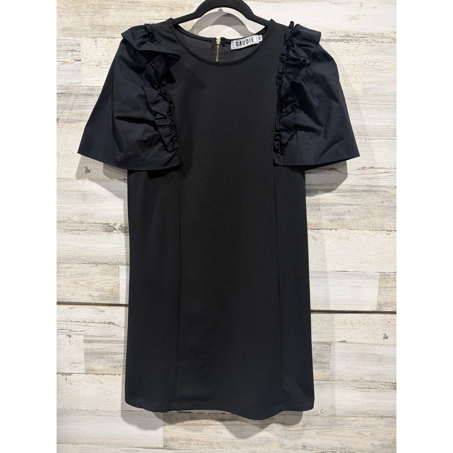 Gaudie Mini Dress Women Size Medium Black Ruffle Flutter Sleeve Shift EUC0