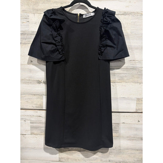 Gaudie Mini Dress Women Size Medium Black Ruffle Flutter Sleeve Shift EUC0