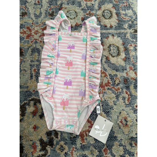Birdie Bean Swimsuit Girls 12-18m Pink Popsicle Stripe Ruffle One Piece NWT0