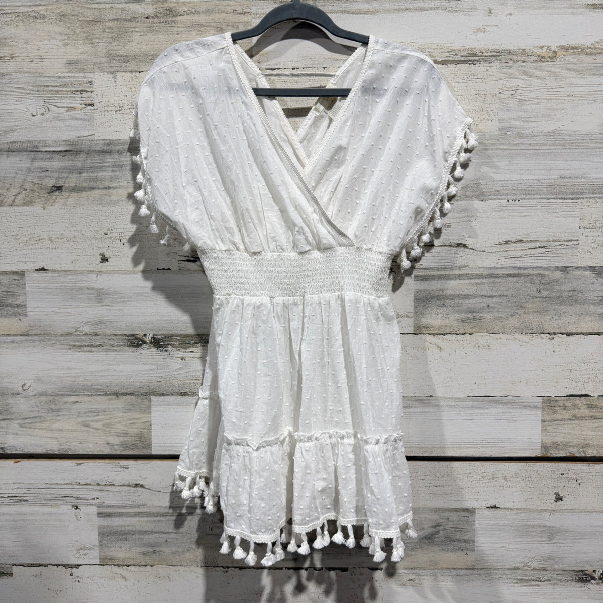 Chelsea & Violet Swiss Dot Tassel Dress Girls L White 100% Cotton Boho EUC0