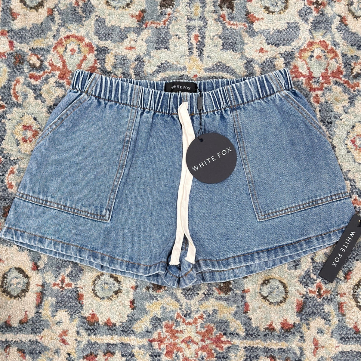 White Fox Denim Daydream Shorts Women Medium Blue Elastic Drawstring Boho NWT0