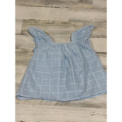 Cat & Jack Flutter Sleeve Blouse Girls 6/7 Blue Windowpane Crochet Trim EUC2