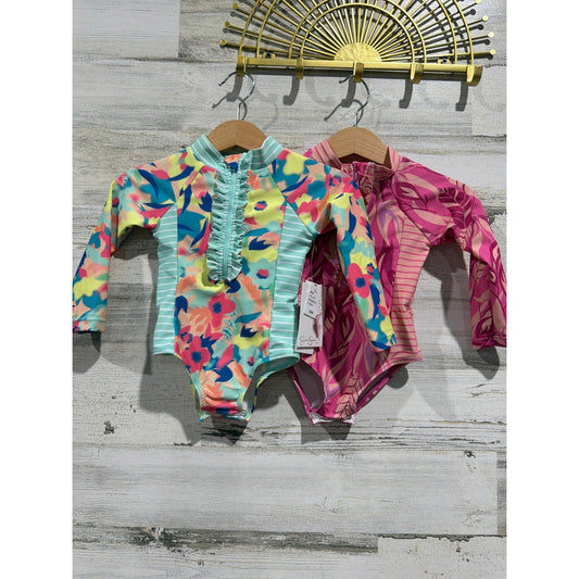 Jessica Simpson Rash Guard Girls 12M Mint Pink Floral Tropical Bundle0