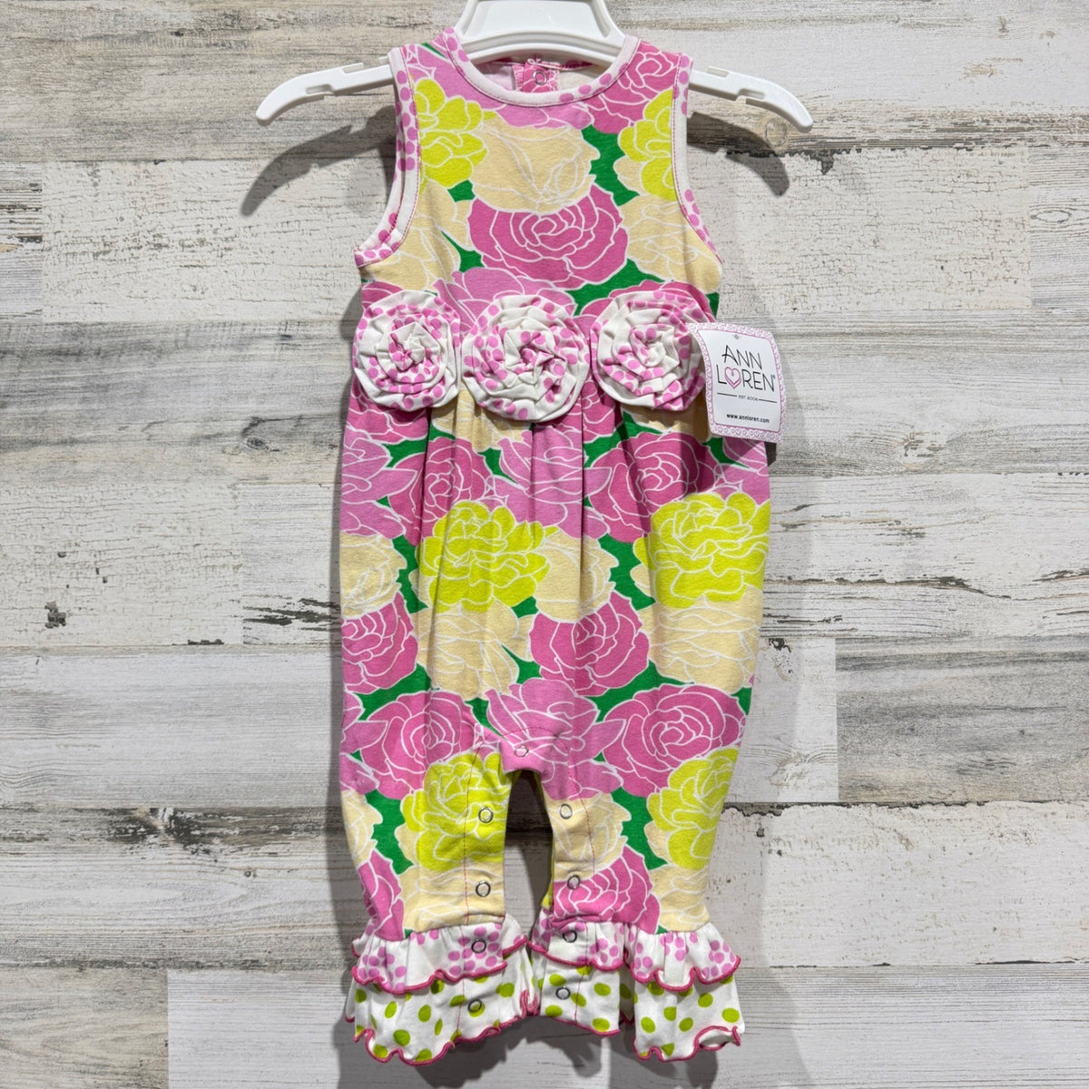 Ann Loren Romper Girls 12-18M Pink Yellow Floral Rosette Ruffle Boutique NWT0