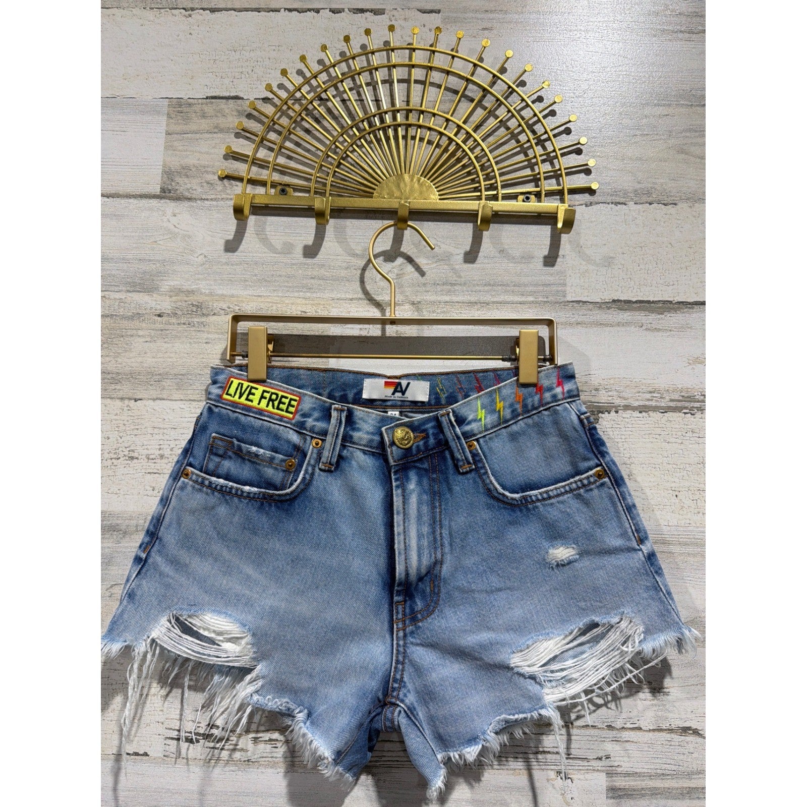 Aviation Nation Denim Shorts Women 24 Blue Distressed Patch Lightning Bolt*0