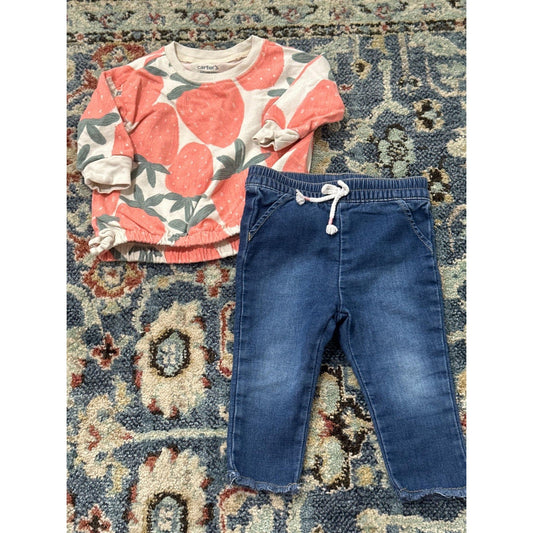 Carter's Cat & Jack Outfit Set Girls 6m Strawberry Print Denim Pants0