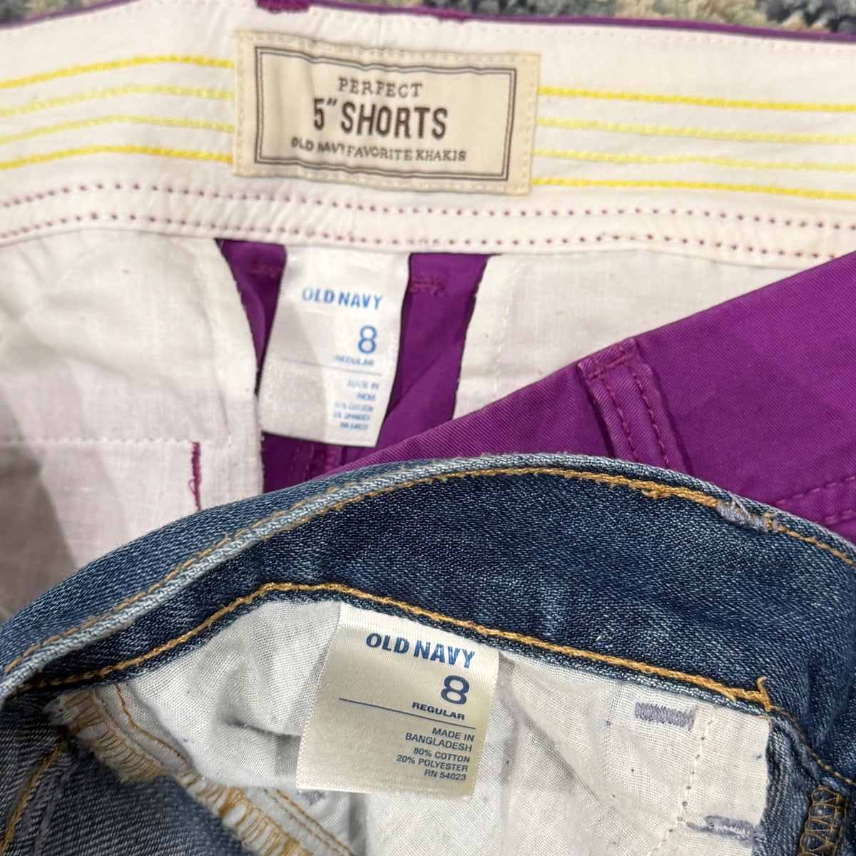 Old Navy Shorts Bundle Women 8 Purple Blue Denim Khaki Raw Hem Casual EUC4