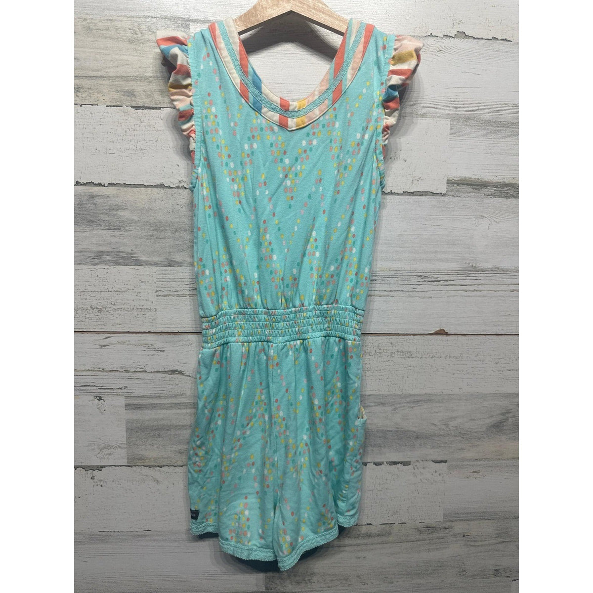 Matilda Jane Romper Girls 10 Teal Multicolor Dot Flutter Sleeve2