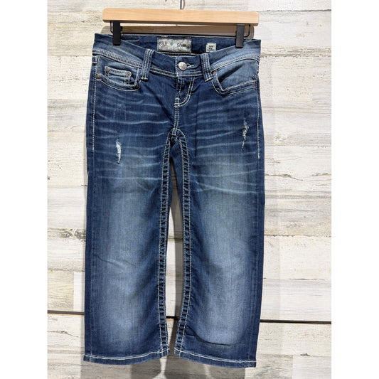 BKE Stella Capri Jeans Women 27 Blue Distressed Contrast Stitch Y2K EUC0