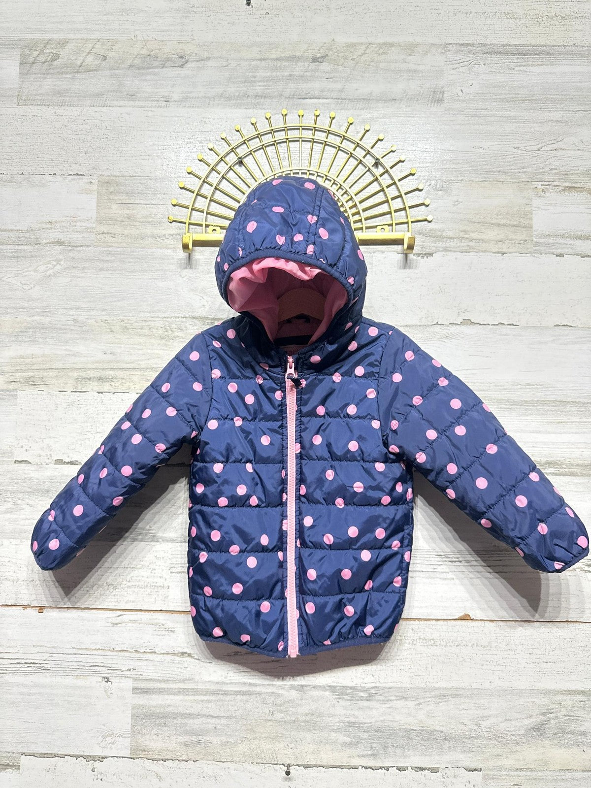 Carter's Puffer Jacket Girls 3T Navy Pink Polka Dot Hooded Zip Coat GUC*0