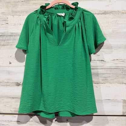 Shop The Mint Ruffle Neck Blouse Womens M Green Polyester Textured Preppy EUC0
