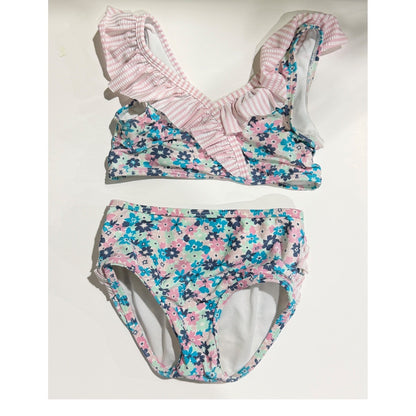 Ruffle Butts Bikini Swimsuit Girls 4T Pink Blue Floral Seersucker Core GUC*0