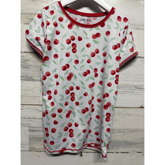 Matilda Jane T-Shirt Girls Size 10 White Red Cherry Print Gingham Cuffs EUC0