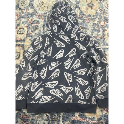 Nike Hoodie Kids Size 6 Black Grey All Over Print Logo Pullover GUC3