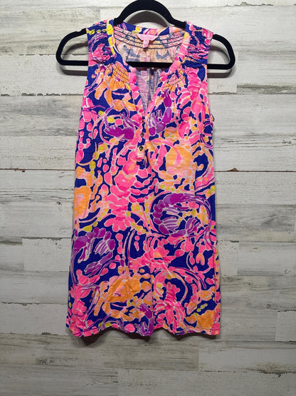 Lilly Pulitzer Dress Womens XS Pink Purple Floral Smocked Split Neck EUC0
