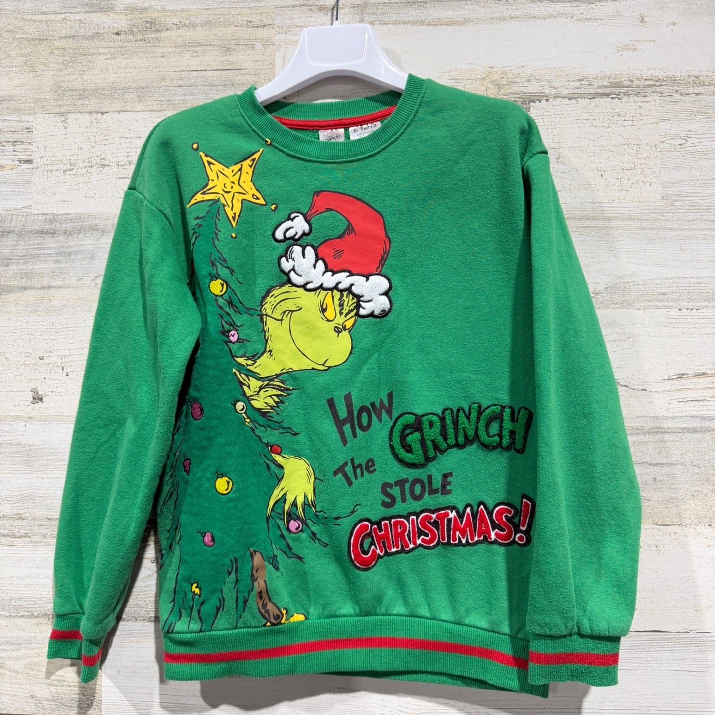 Dr. Seuss Grinch Sweatshirt Kids L 10/12 Green Christmas Graphic Holiday GUC0