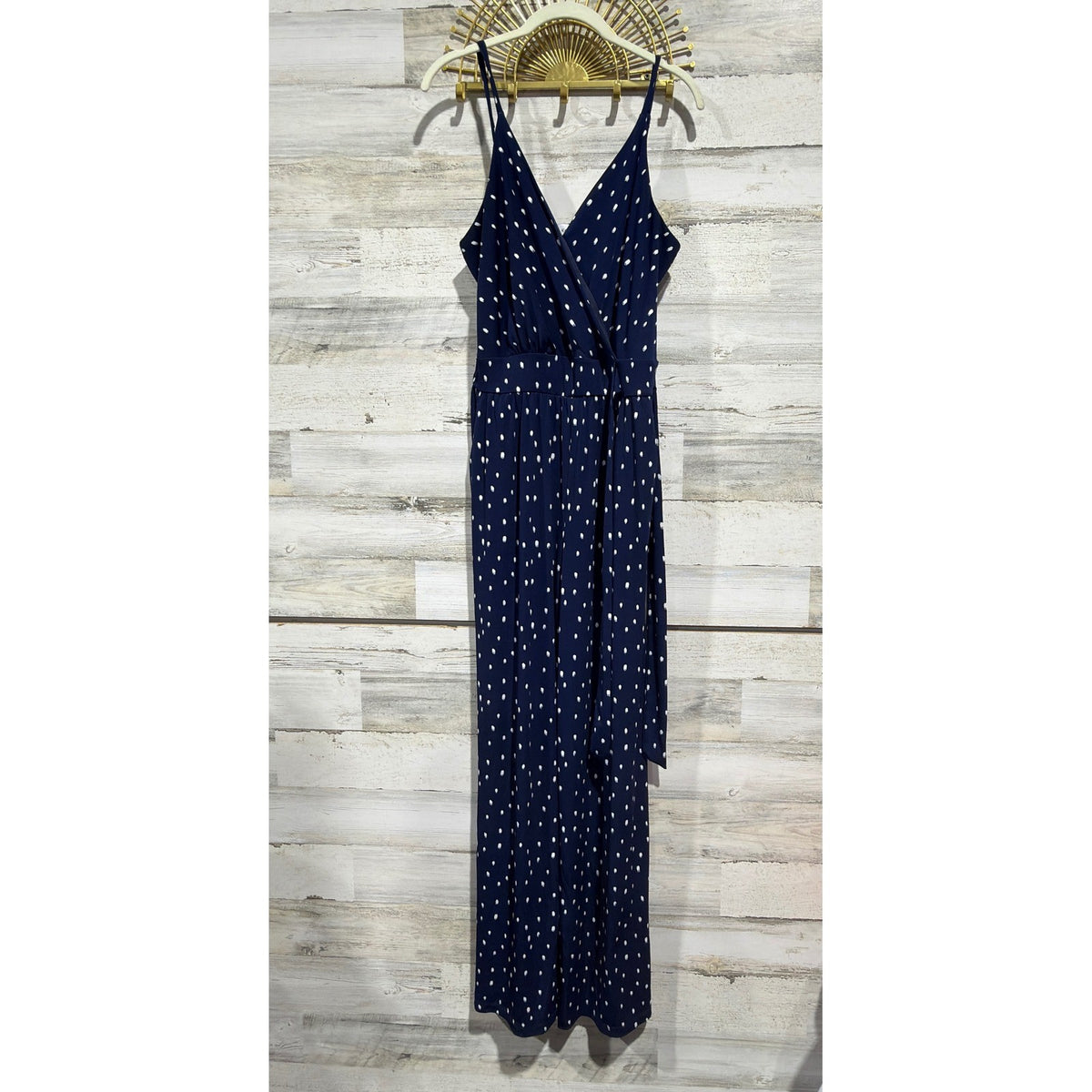 Kaileigh Jumpsuit Women Large Navy Blue Polka Dot Wrap Front Wide Leg EUC0