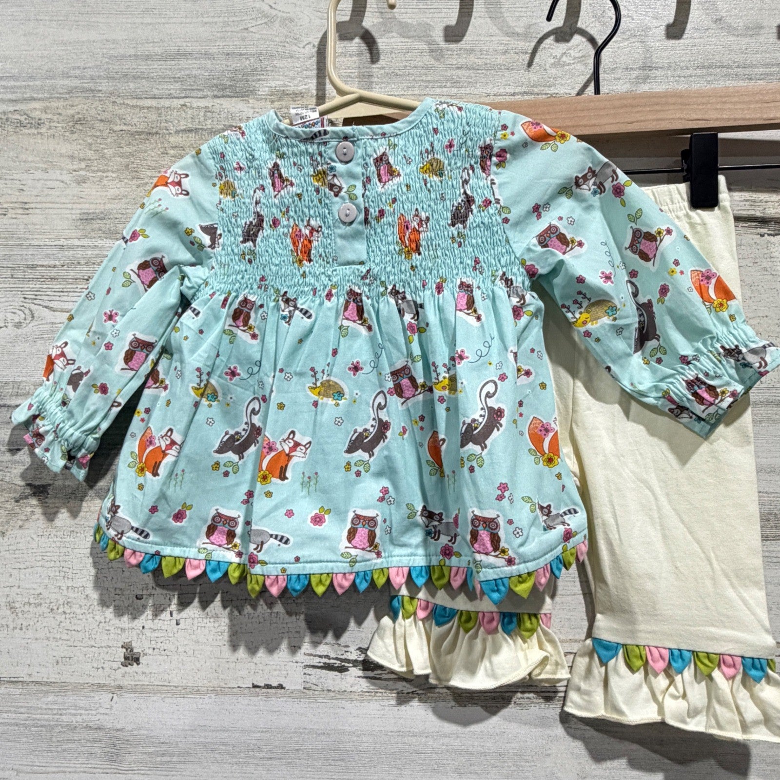 Cotton Kids Tunic Leggings Set Girls 12M Blue Woodland Fox Smocked NWT4