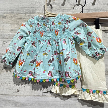 Cotton Kids Tunic Leggings Set Girls 12M Blue Woodland Fox Smocked NWT4