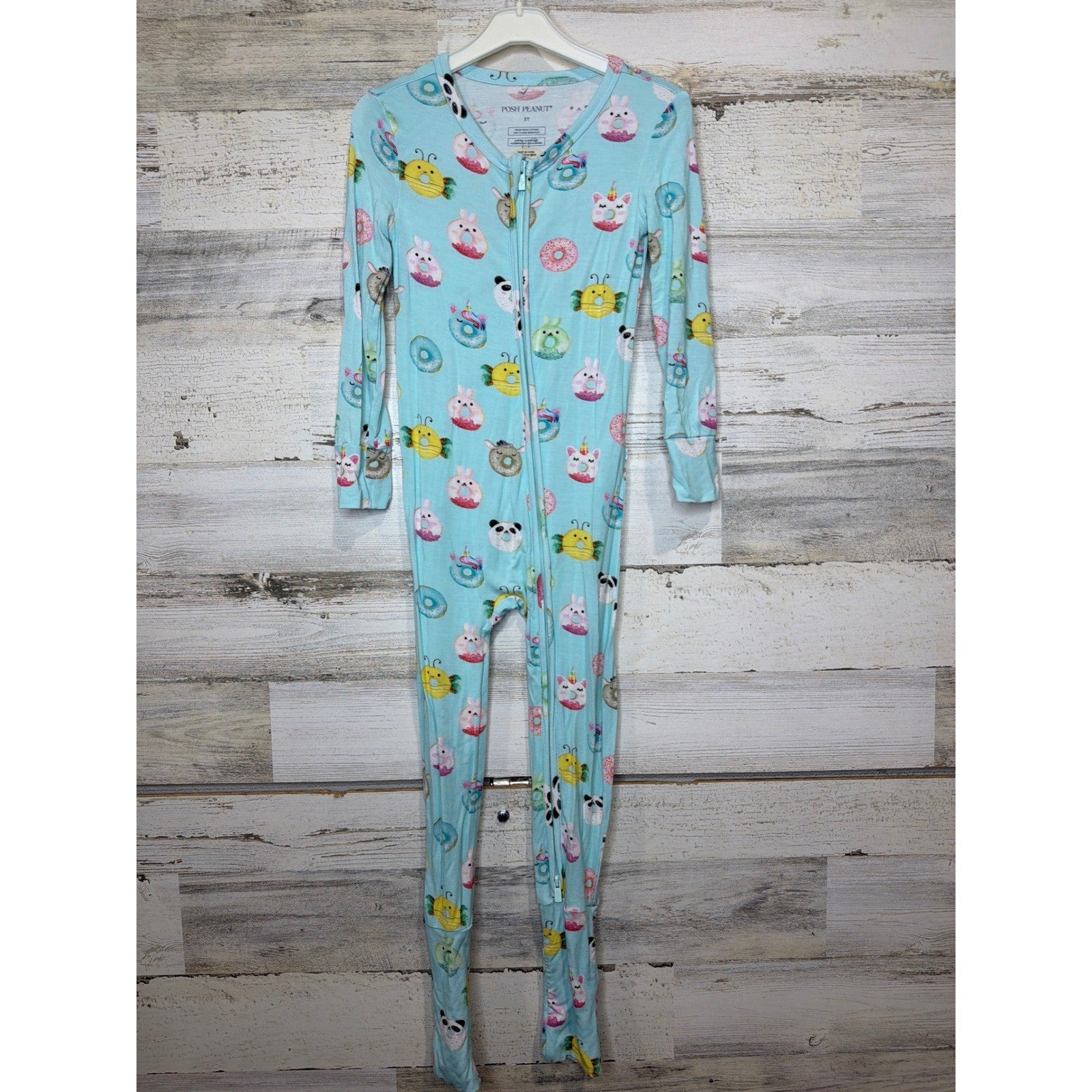 Posh Peanut Pajamas Girls 3T Blue Donut Animal Convertible Bamboo Sleeper EUC0