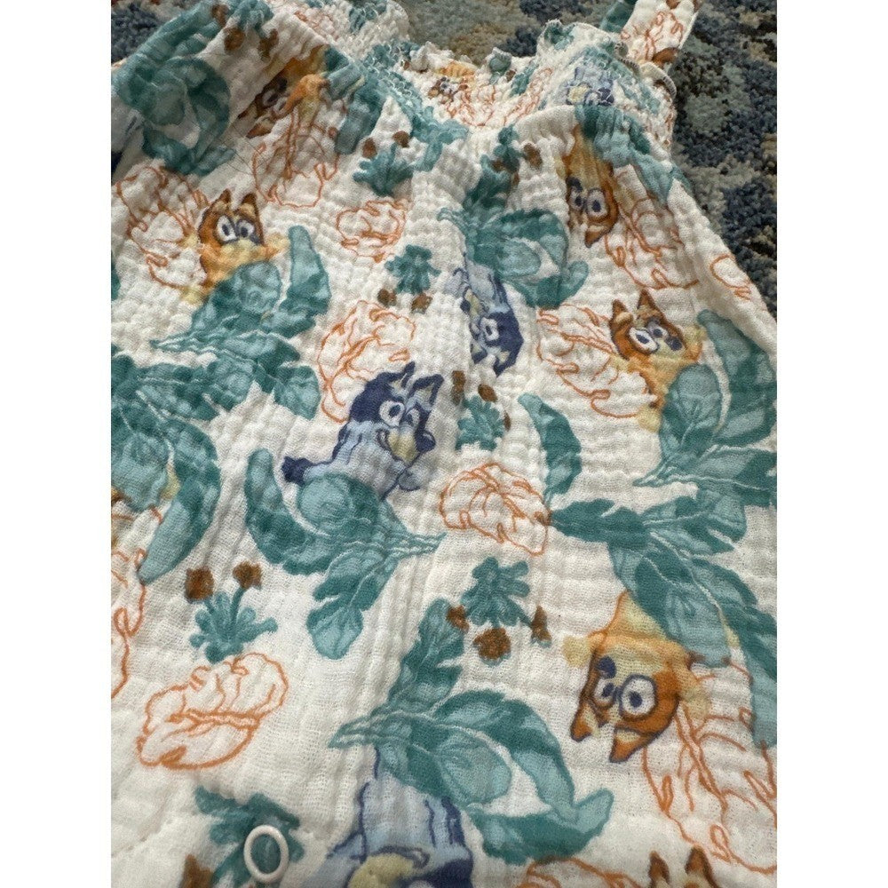 Bluey Romper Girls 3-6m White Blue Bingo Gauze Bubble EUC1