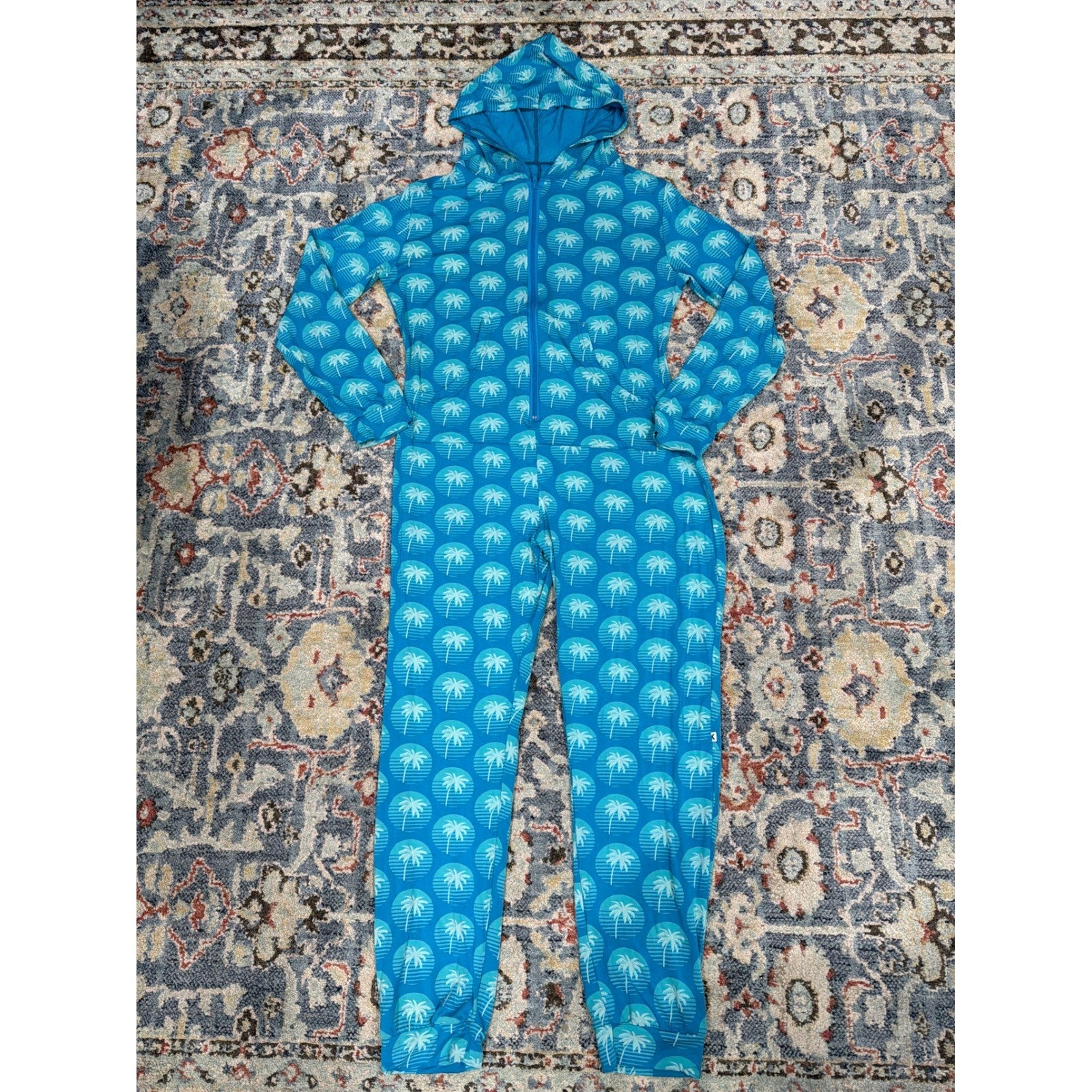 Kickee Pants Jumpsuit Women Fits L/XL Palm Tree Bamboo Hooded Loungewear EUC0