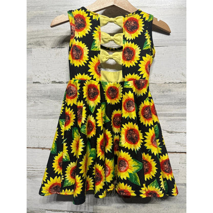 Boutique Sunflower Skater Dress Girls 2T Black Yellow Bow Back EUC1