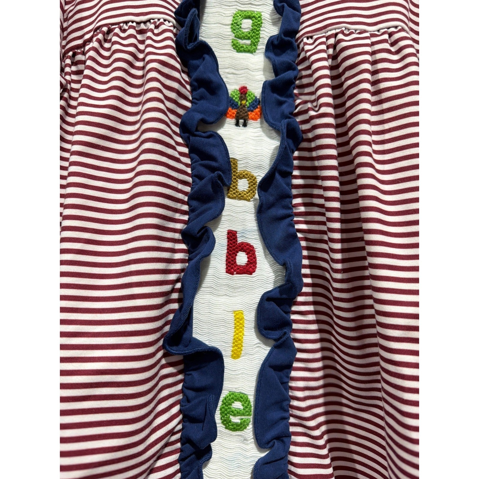Southern Taters Smocked Dress Girls 5 Maroon Stripe Gobble Turkey Fall1