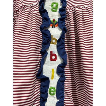 Southern Taters Smocked Dress Girls 5 Maroon Stripe Gobble Turkey Fall1
