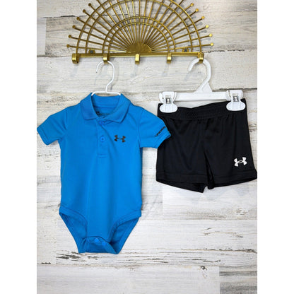 Under Armour Bodysuit Shorts Set Boys 3-6M Blue Black HeatGear Athletic Sporty0