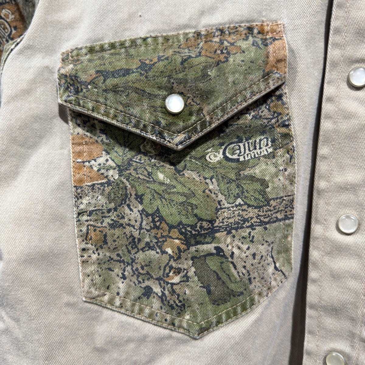 Rasco Cajun Camo Western Work Shirt Men Small Tan Green Pearl Snap Flawed*2