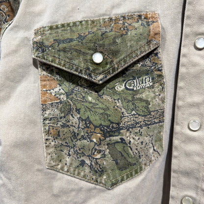 Rasco Cajun Camo Western Work Shirt Men Small Tan Green Pearl Snap Flawed*2
