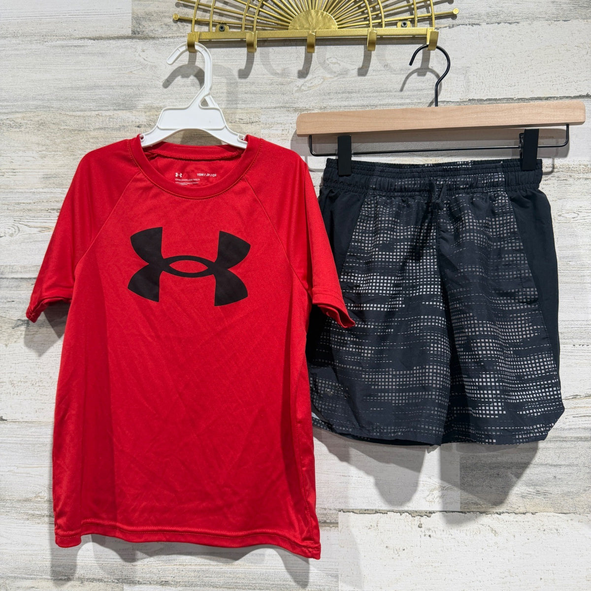 Under Armour Short Set Boys Small Red Black Logo Active *Flawed0