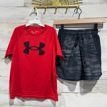 Under Armour Short Set Boys Small Red Black Logo Active *Flawed0