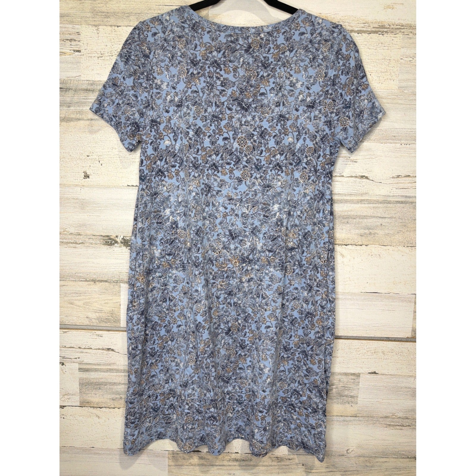 Pure Jill T-Shirt Dress Women XS Blue Floral V-Neck Cotton Lagenlook EUC3